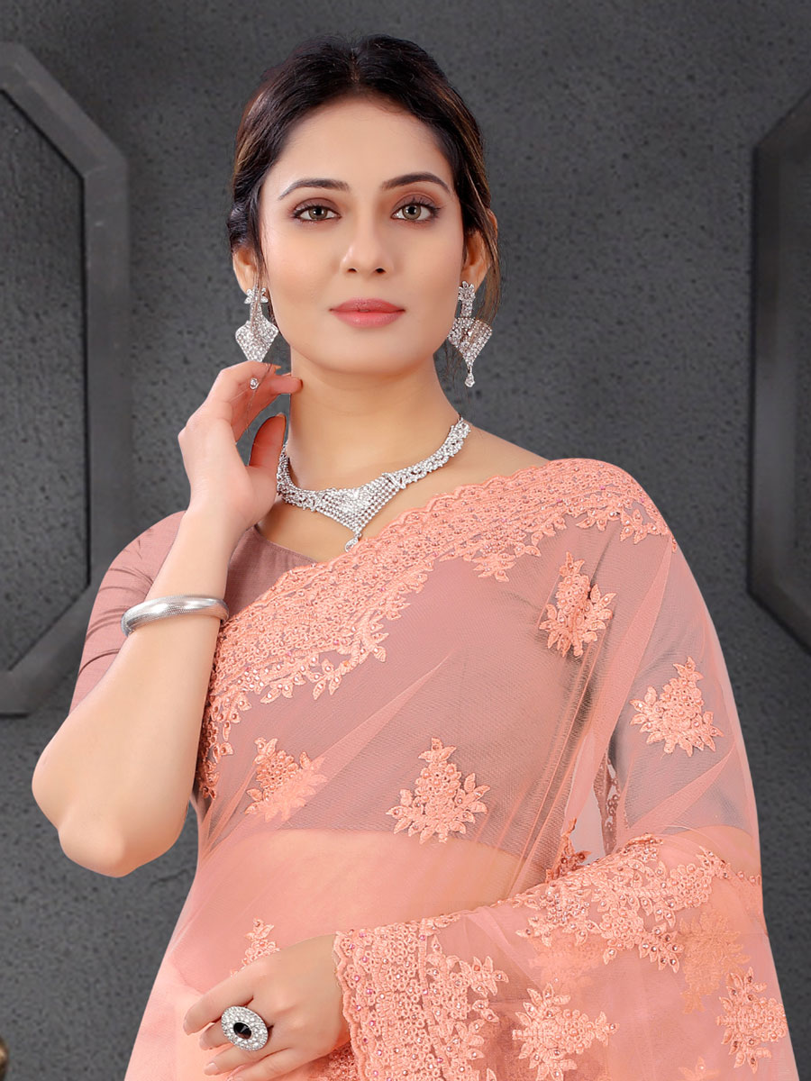 Apricot Orange Net Embroidered Party Saree