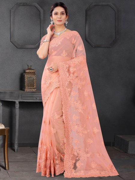 Apricot Orange Net Embroidered Party Saree