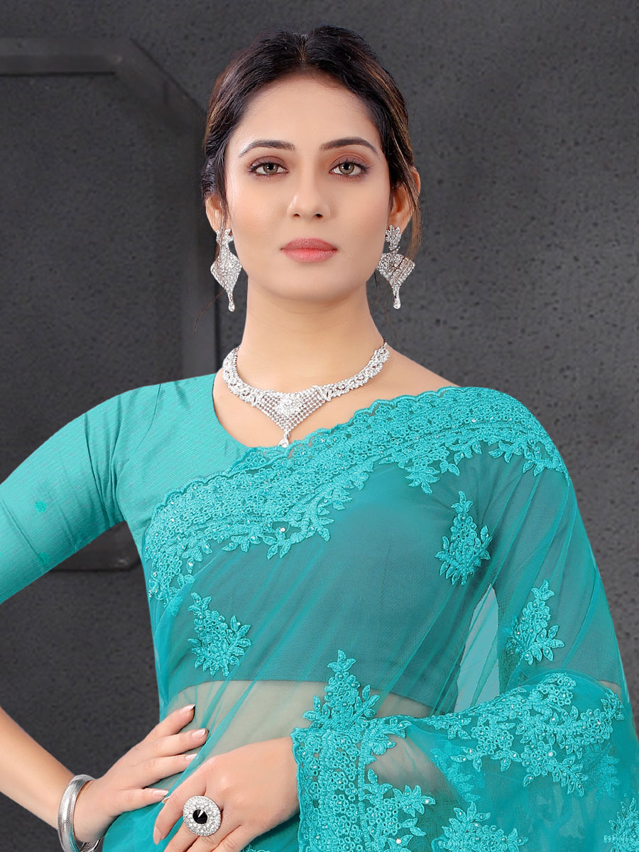 Cyan Blue Net Embroidered Party Saree