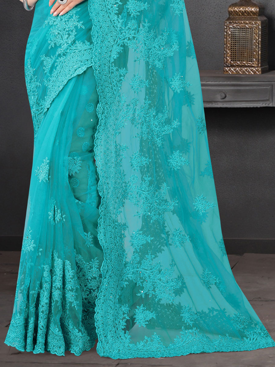 Cyan Blue Net Embroidered Party Saree