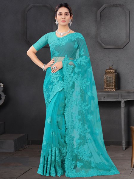 Cyan Blue Net Embroidered Party Saree