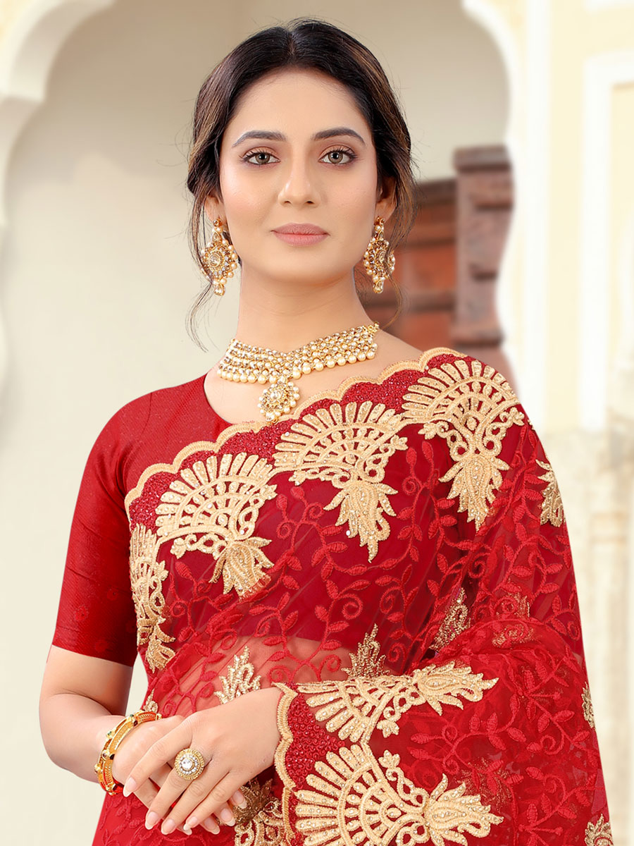 Red Net Embroidered Party Saree
