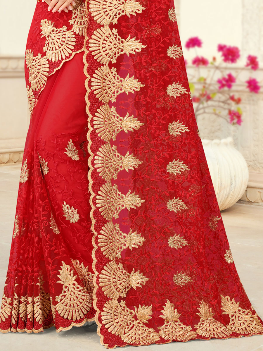 Red Net Embroidered Party Saree