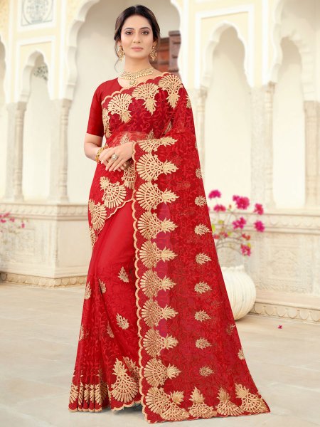Red Net Embroidered Party Saree