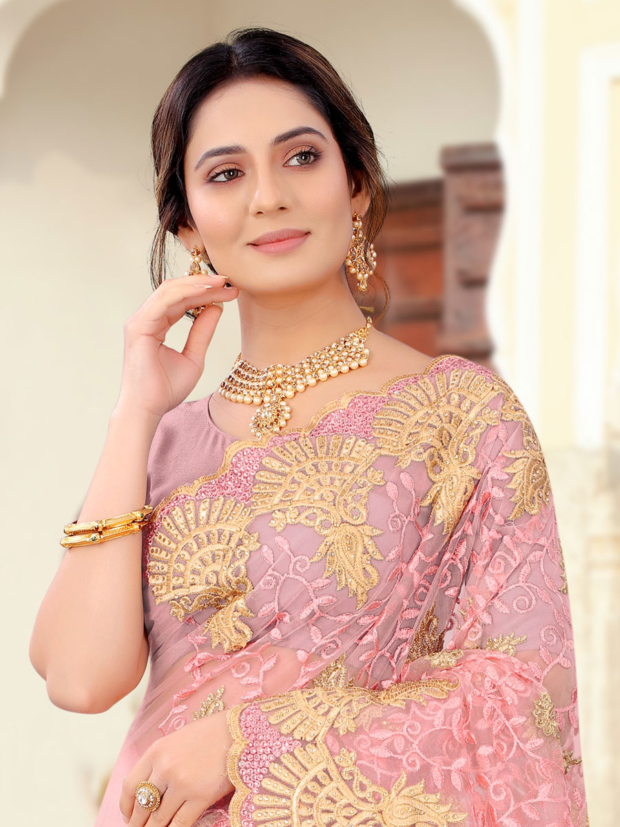 Lavender Pink Net Embroidered Party Saree