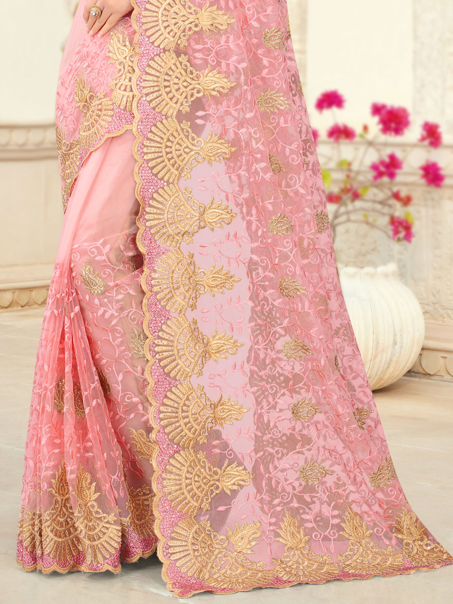 Lavender Pink Net Embroidered Party Saree