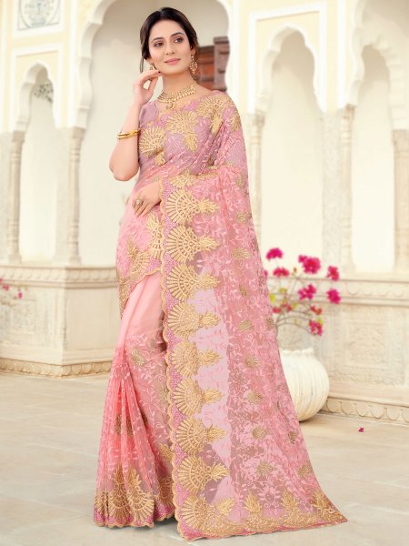 Lavender Pink Net Embroidered Party Saree