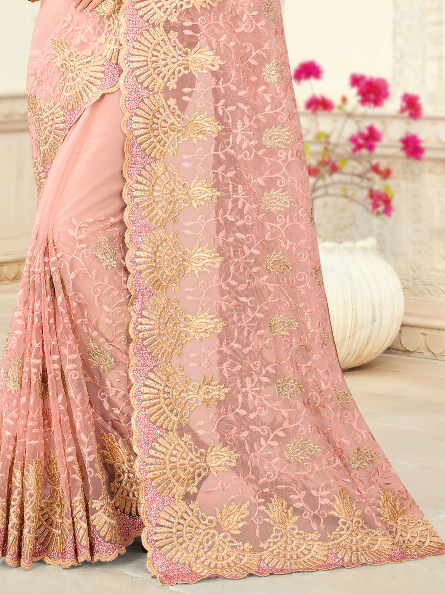 Light Pink Net Embroidered Party Saree