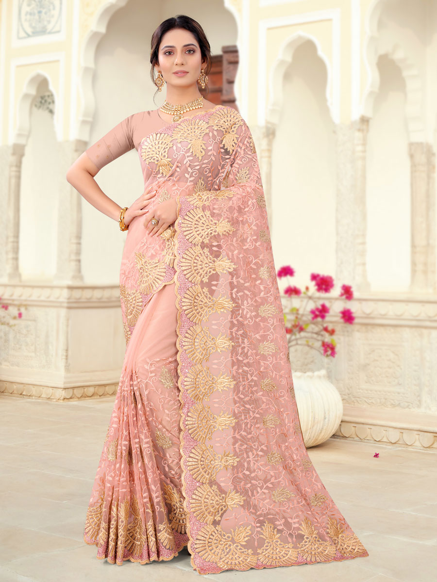 Light Pink Net Embroidered Party Saree