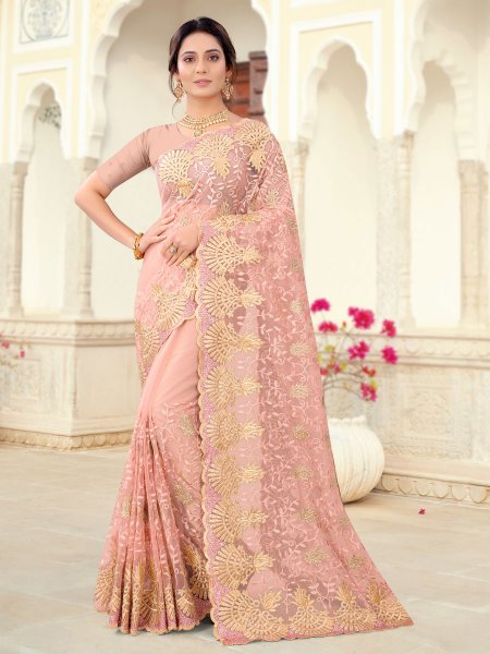 Light Pink Net Embroidered Party Saree