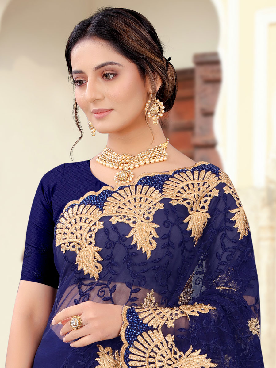 Navy Blue Net Embroidered Party Saree