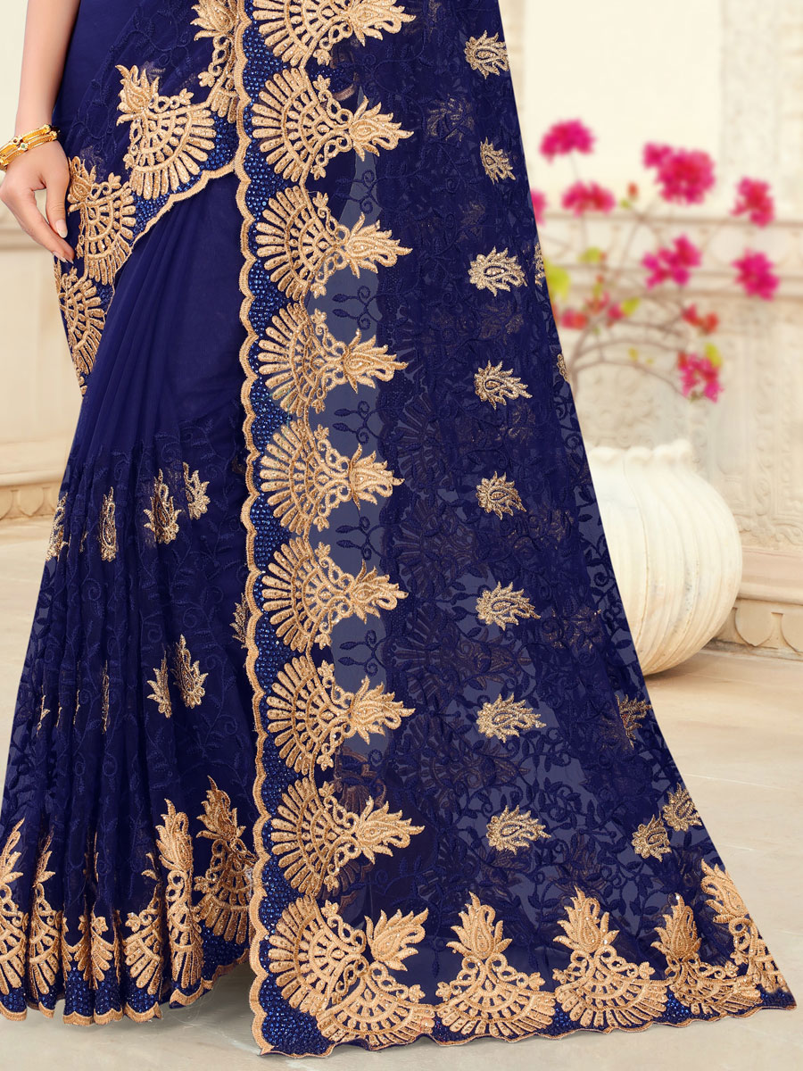 Navy Blue Net Embroidered Party Saree