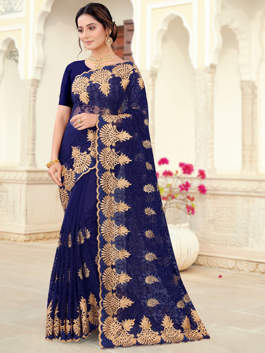 Navy Blue Net Embroidered Party Saree