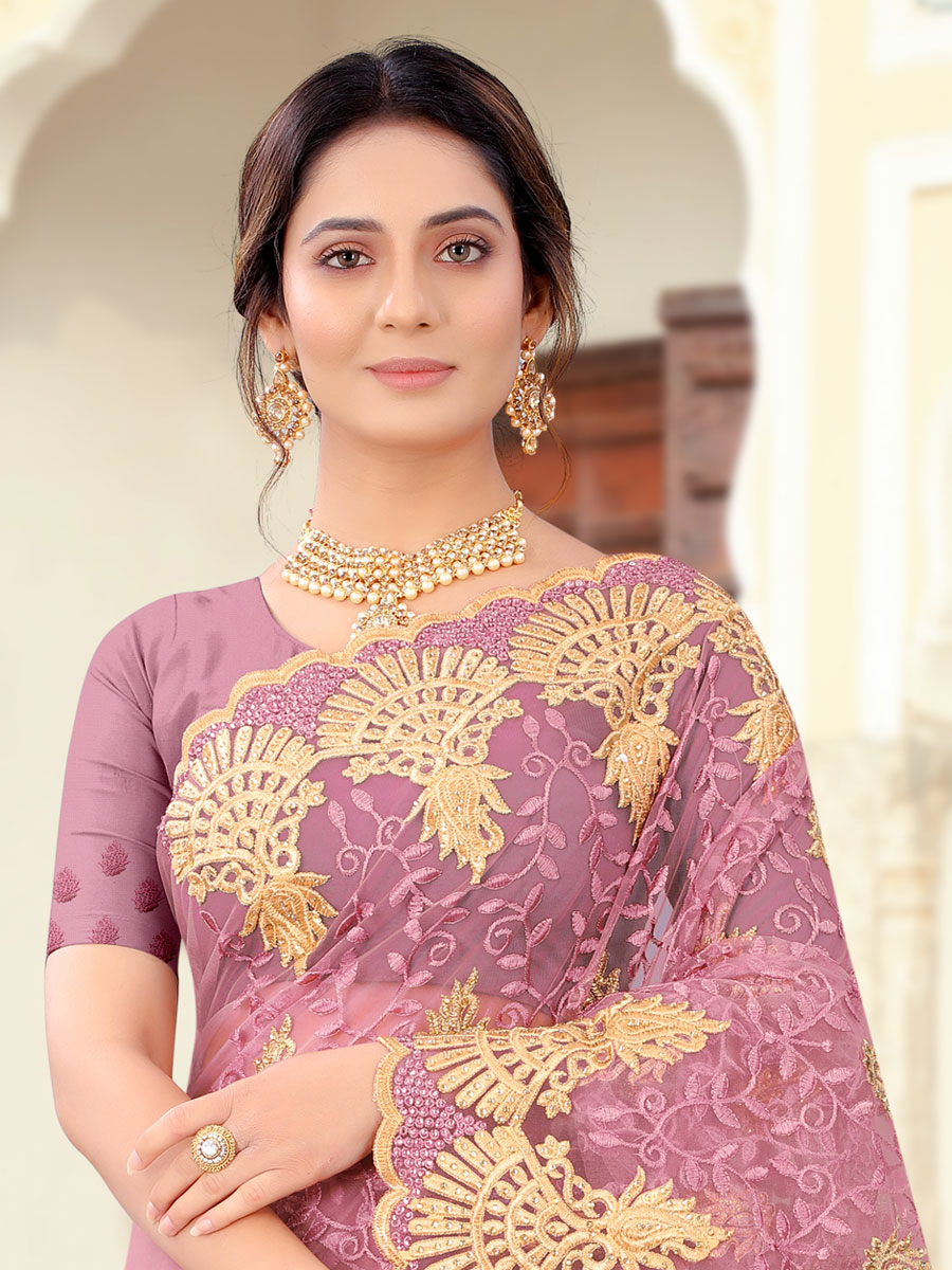 Lavender Pink Net Embroidered Party Saree