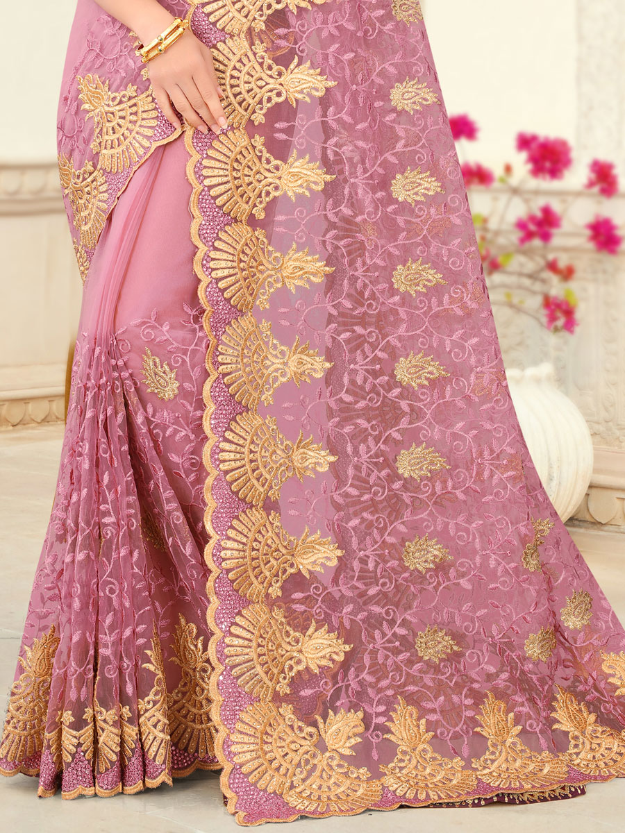 Lavender Pink Net Embroidered Party Saree