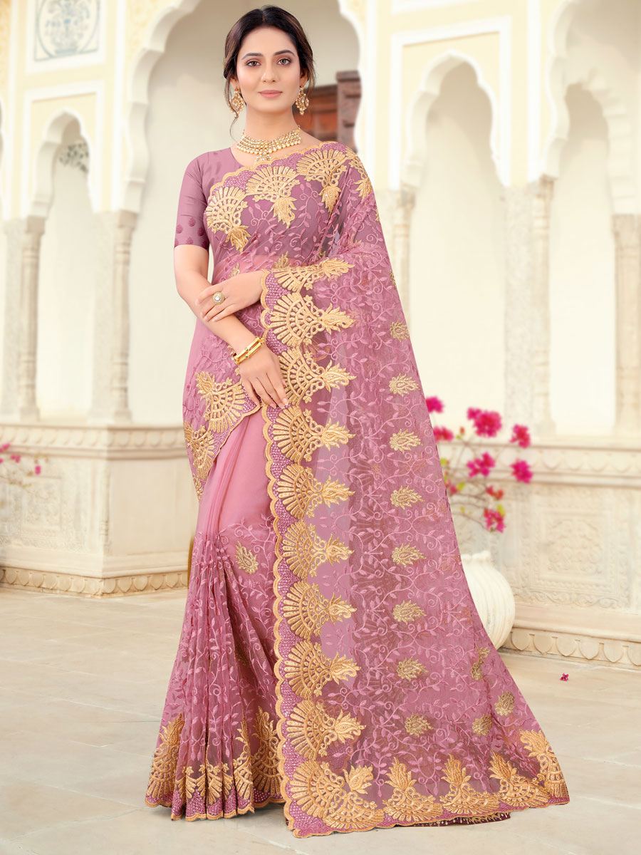 Lavender Pink Net Embroidered Party Saree