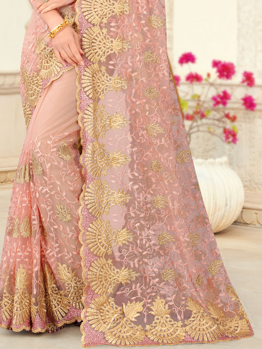 Apricot Orange Net Embroidered Party Saree