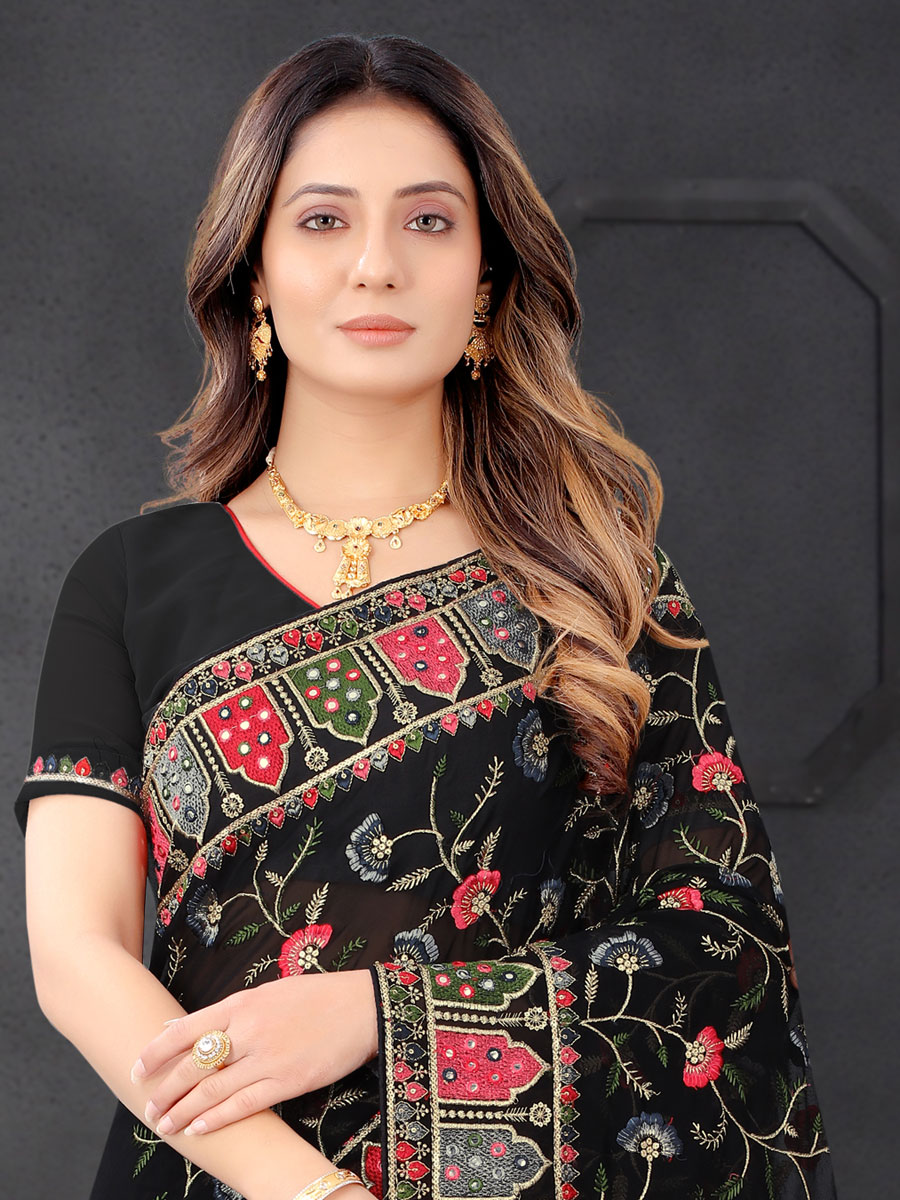 Black Faux Georgette Embroidered Party Saree