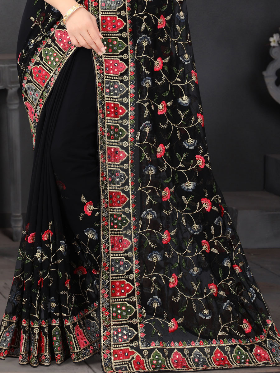 Black Faux Georgette Embroidered Party Saree