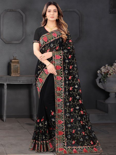 Black Faux Georgette Embroidered Party Saree