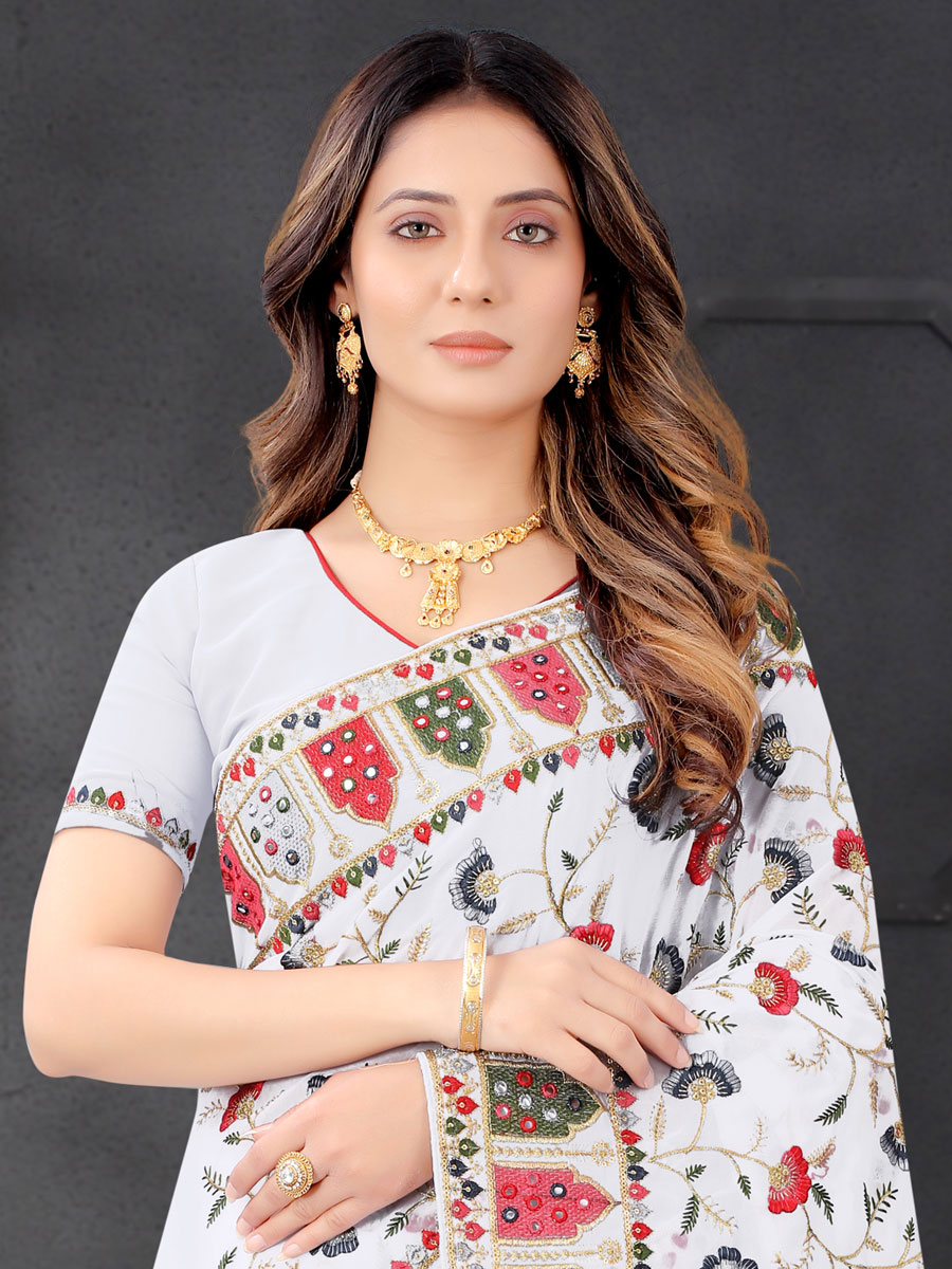 White Faux Georgette Embroidered Party Saree