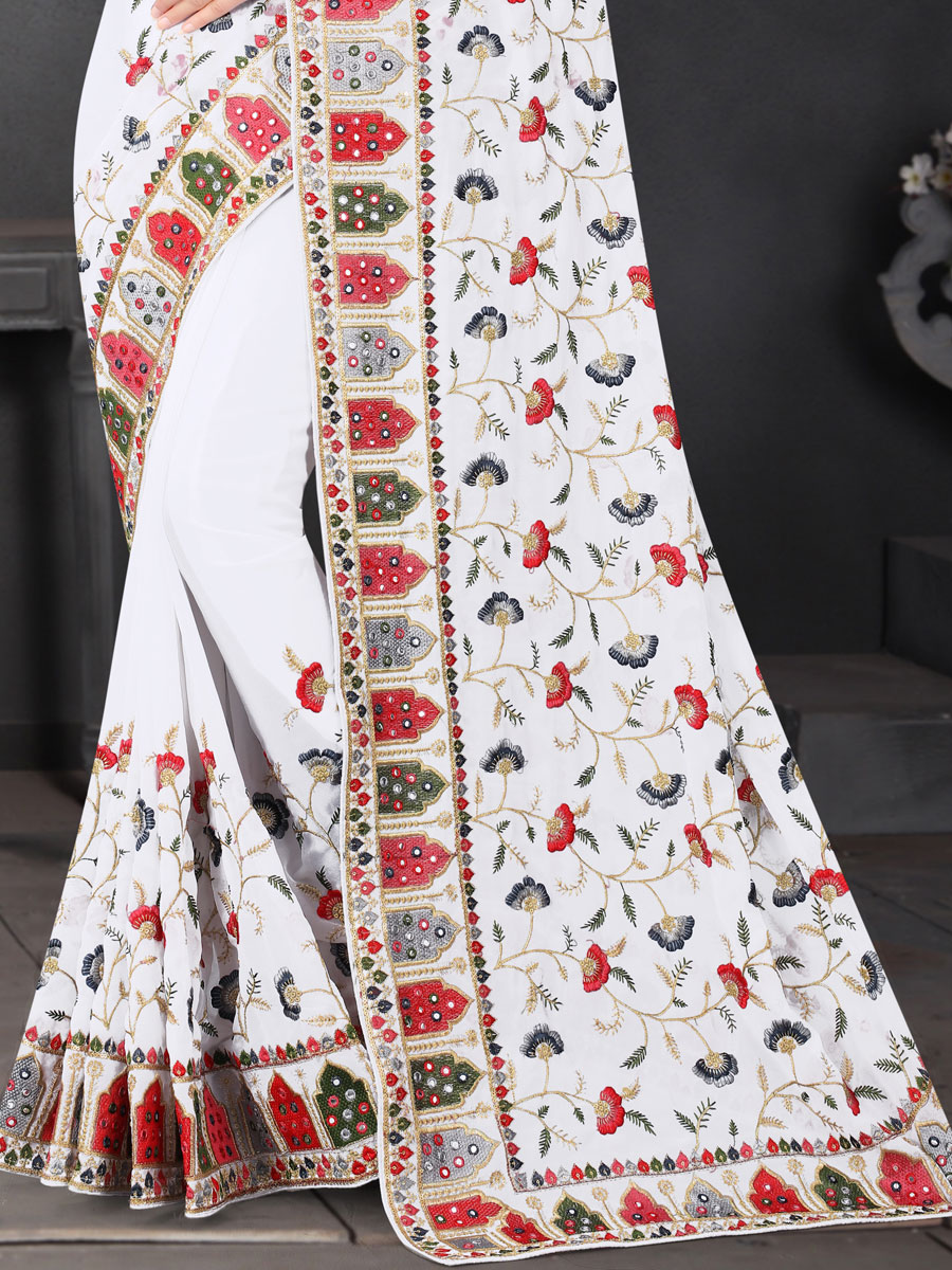 White Faux Georgette Embroidered Party Saree