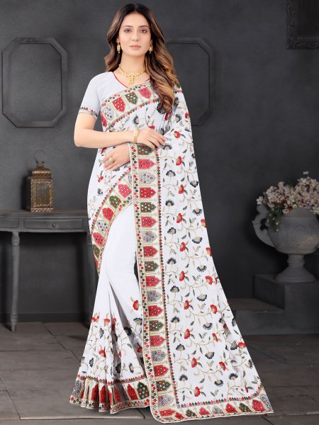 White Faux Georgette Embroidered Party Saree