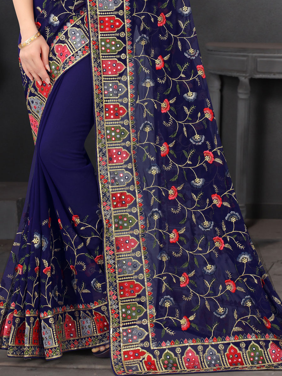 Nevy Blue Faux Georgette Embroidered Party Saree