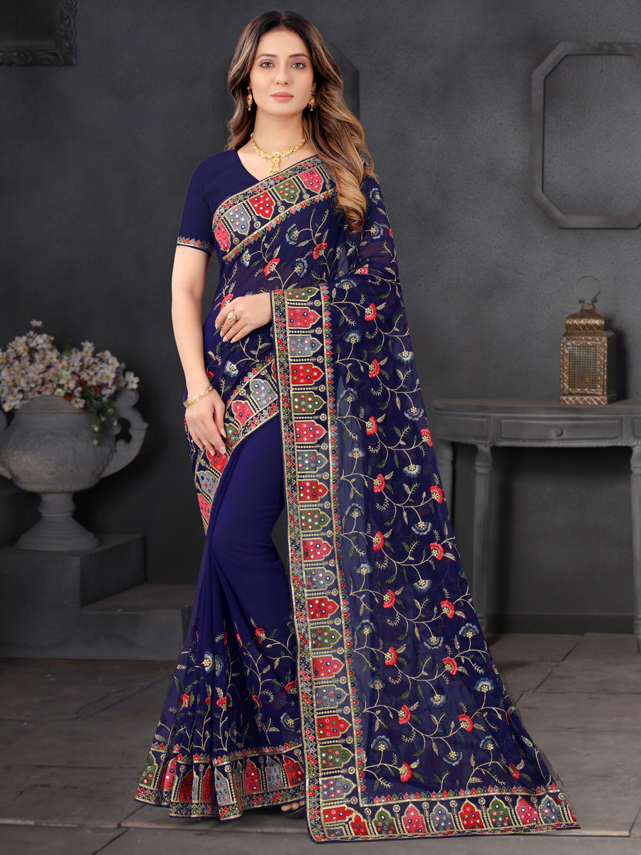 Nevy Blue Faux Georgette Embroidered Party Saree