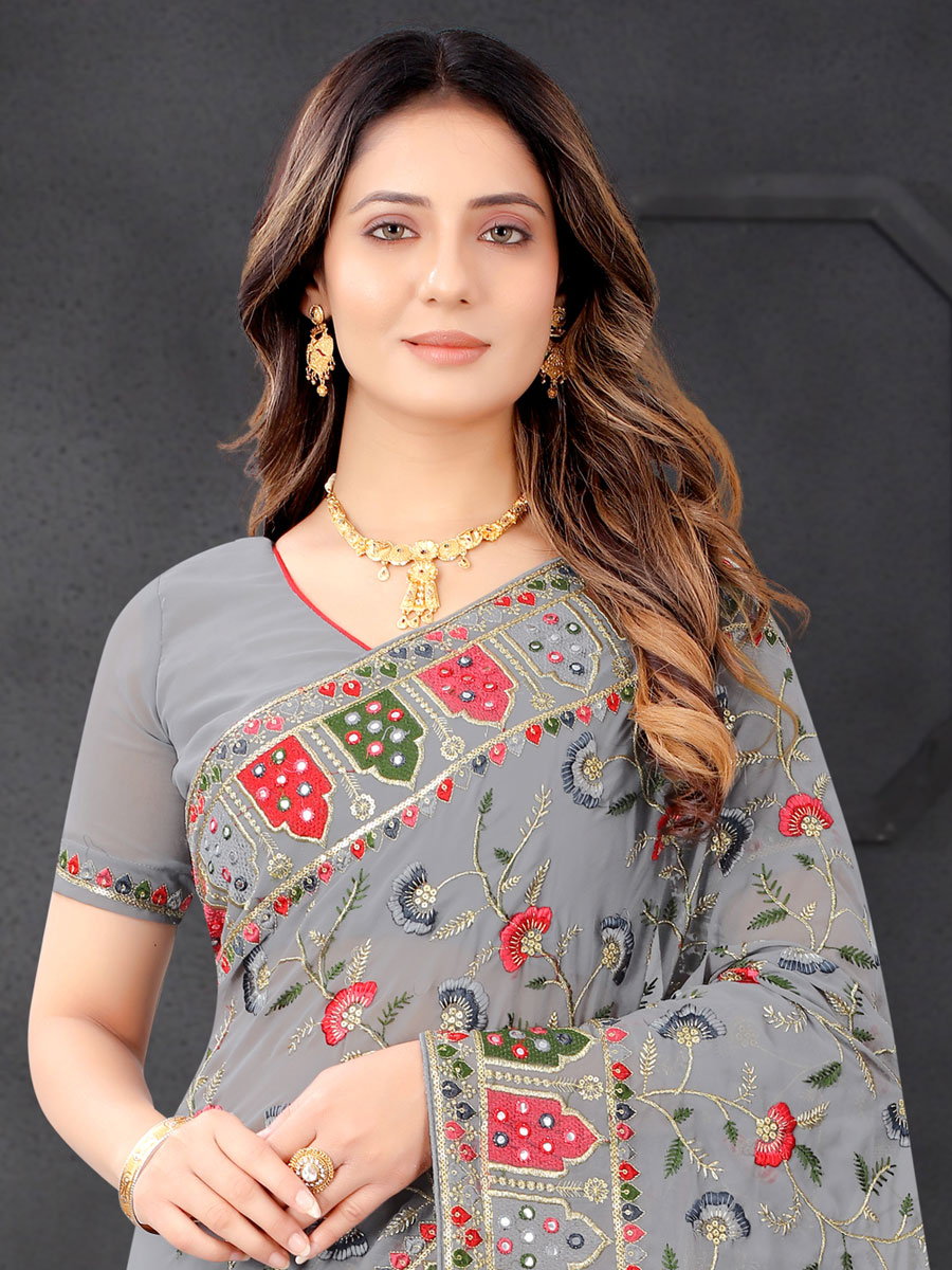 Silver Gray Faux Georgette Embroidered Party Saree