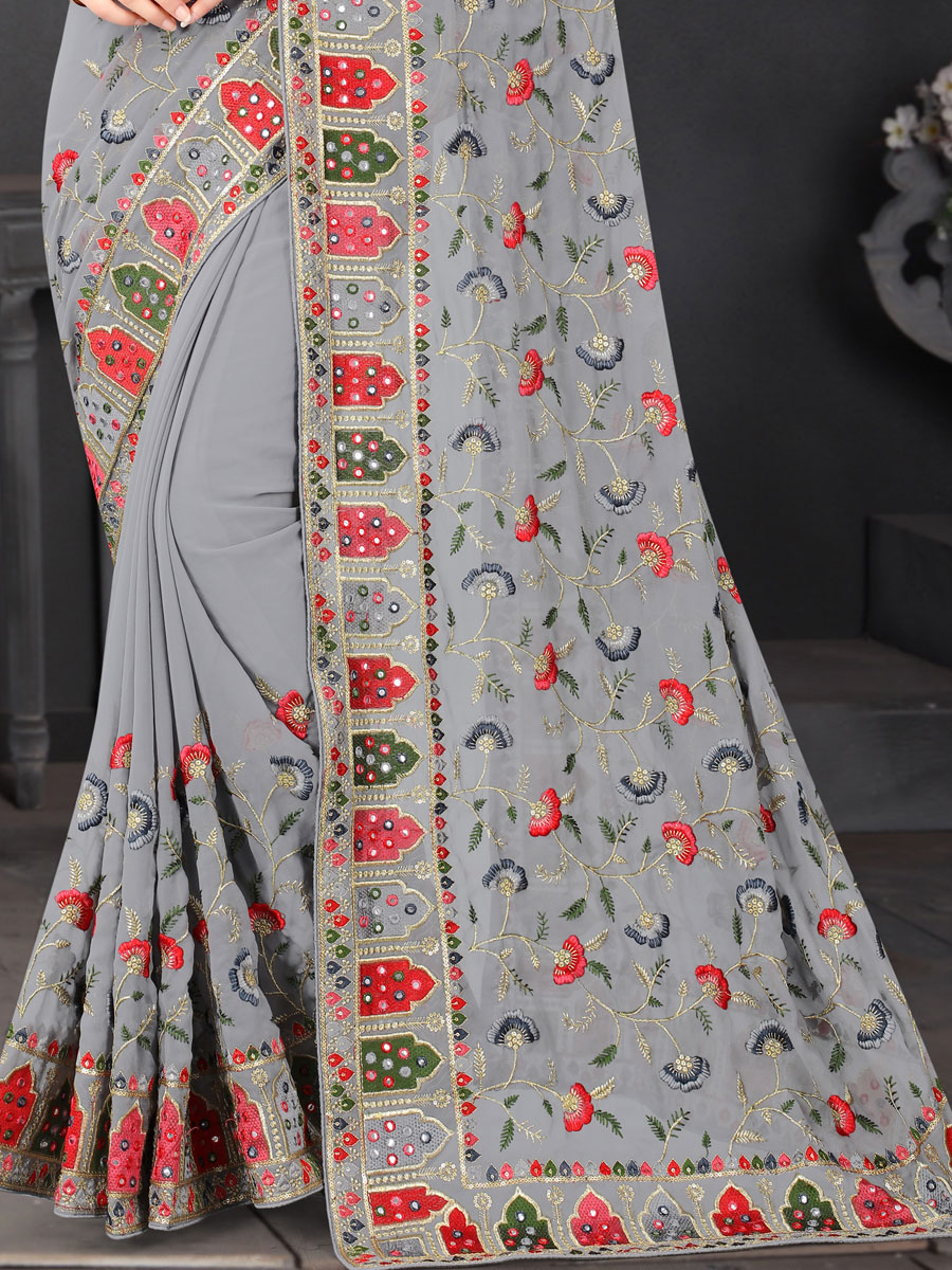 Silver Gray Faux Georgette Embroidered Party Saree