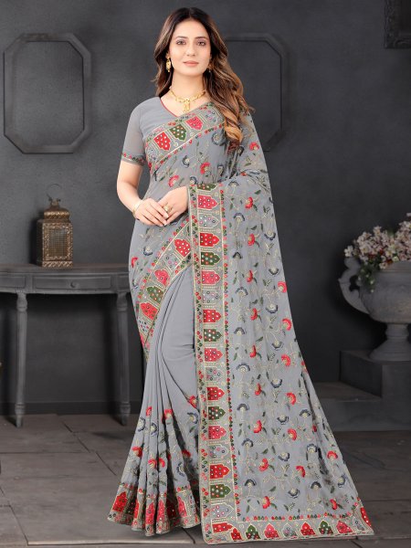Silver Gray Faux Georgette Embroidered Party Saree