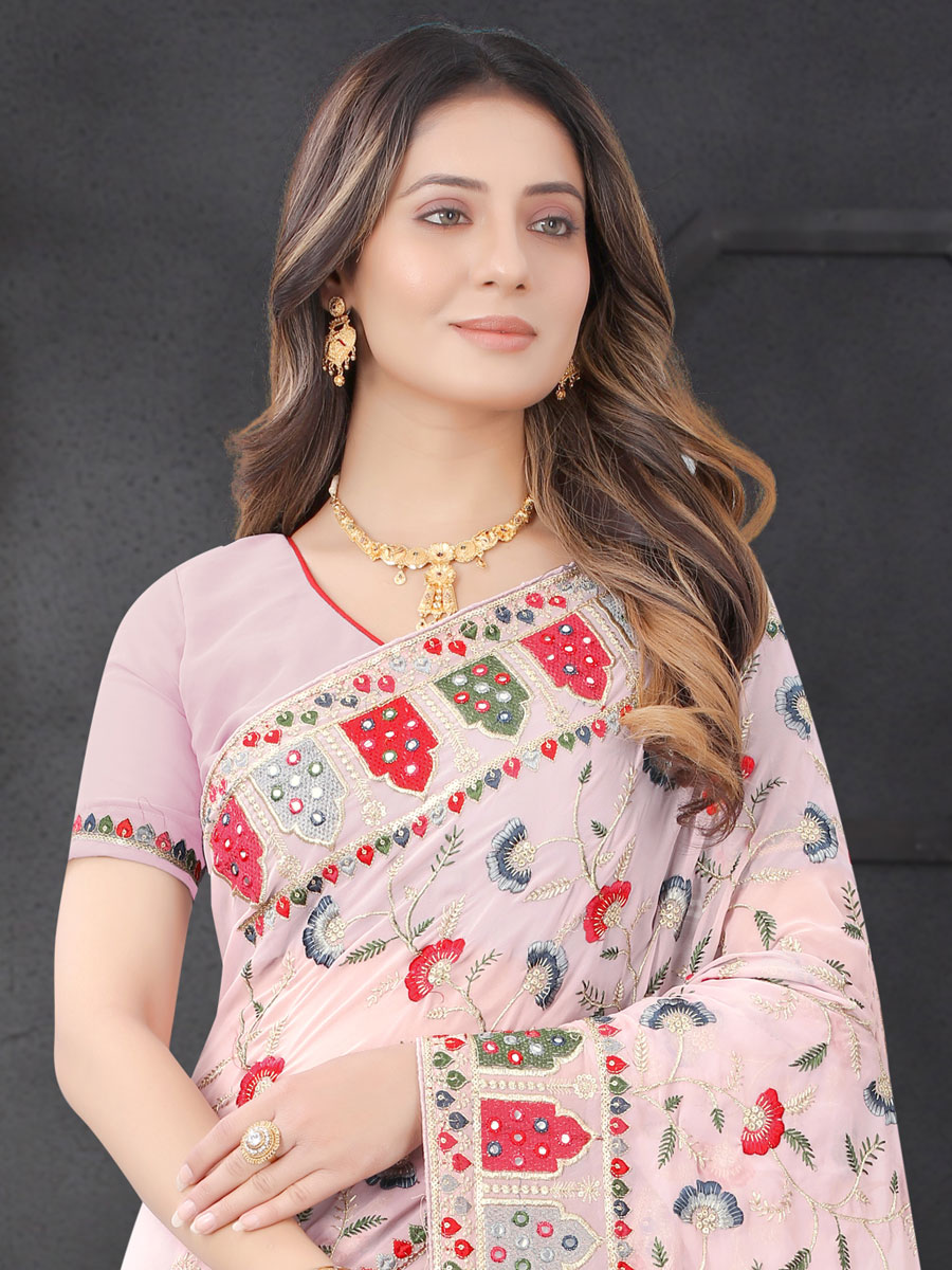 Desert Sand Brown Faux Georgette Embroidered Party Saree