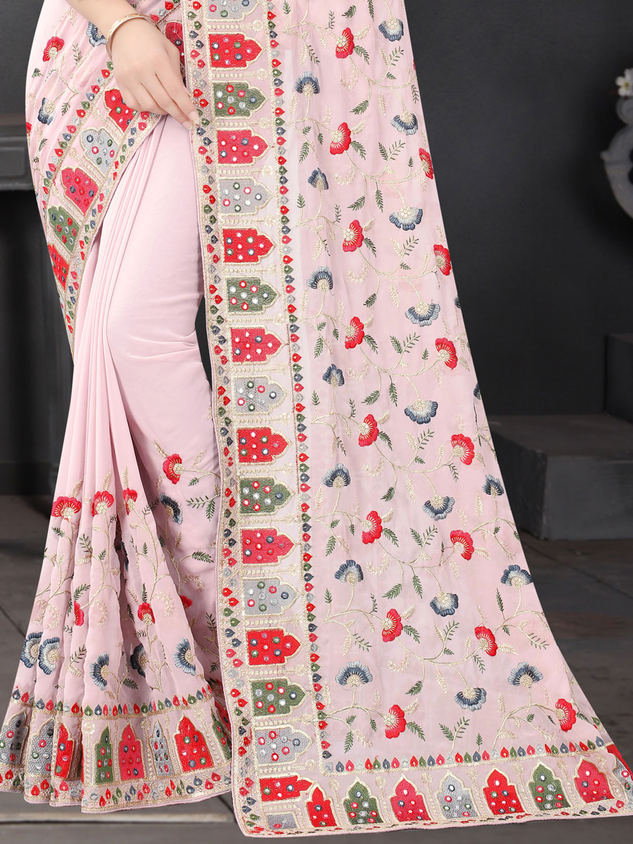 Desert Sand Brown Faux Georgette Embroidered Party Saree