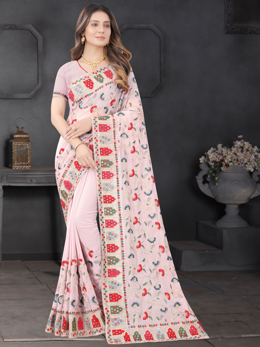 Desert Sand Brown Faux Georgette Embroidered Party Saree