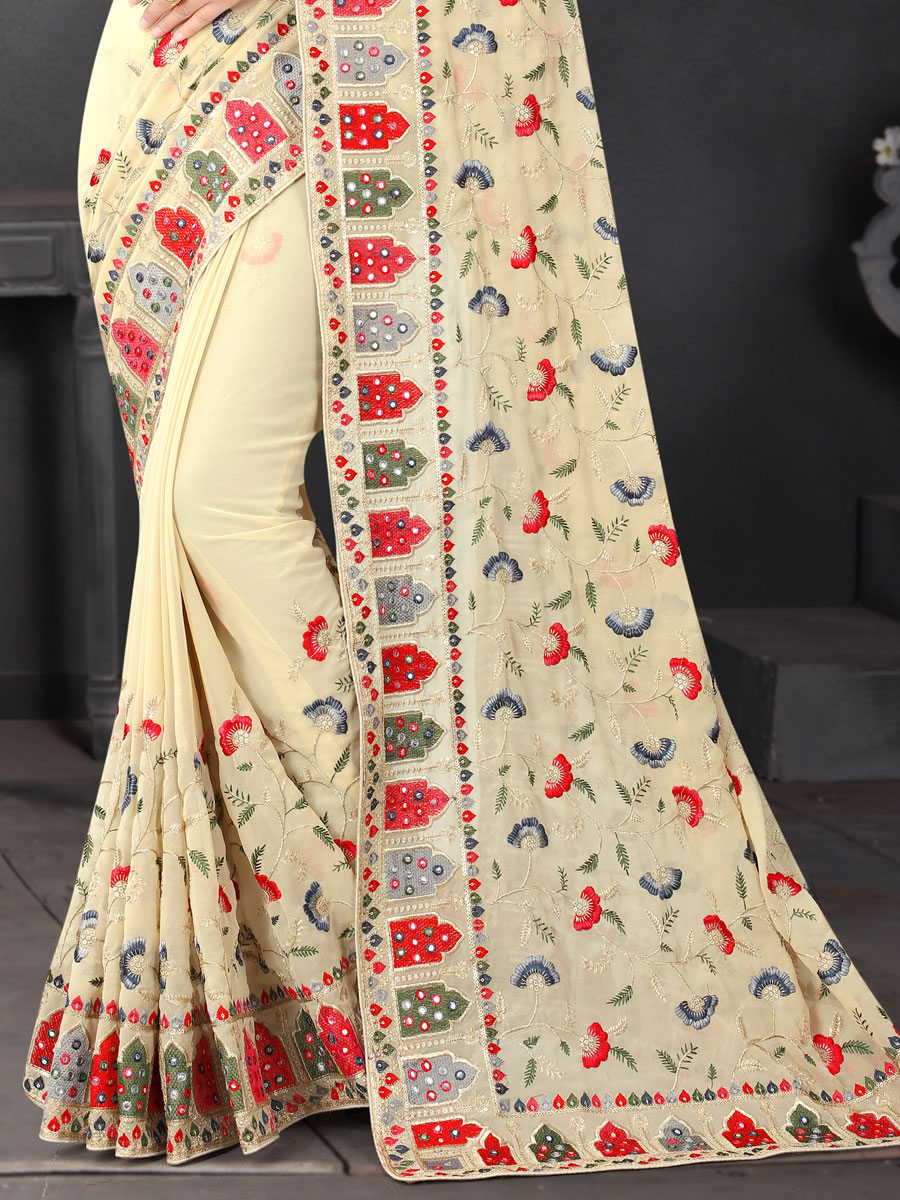 Beige Brown Faux Georgette Embroidered Party Saree