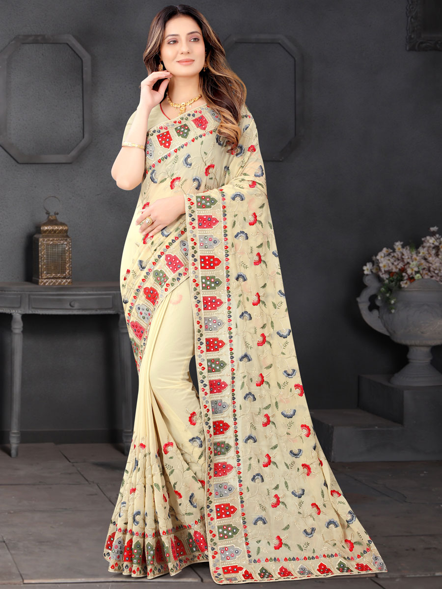 Beige Brown Faux Georgette Embroidered Party Saree