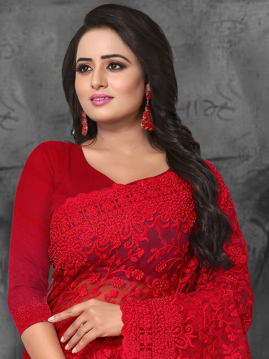 Venetian Red Net Embroidered Party Saree