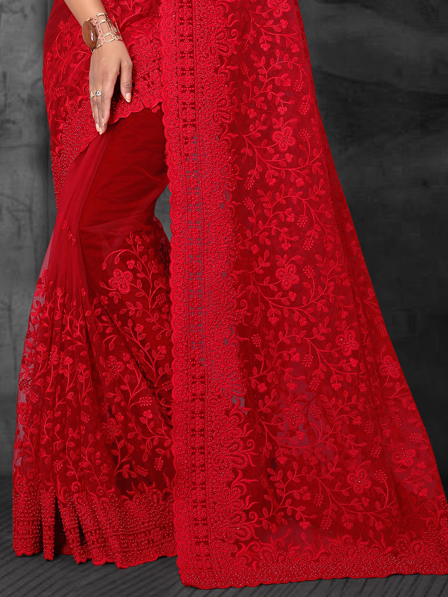 Venetian Red Net Embroidered Party Saree