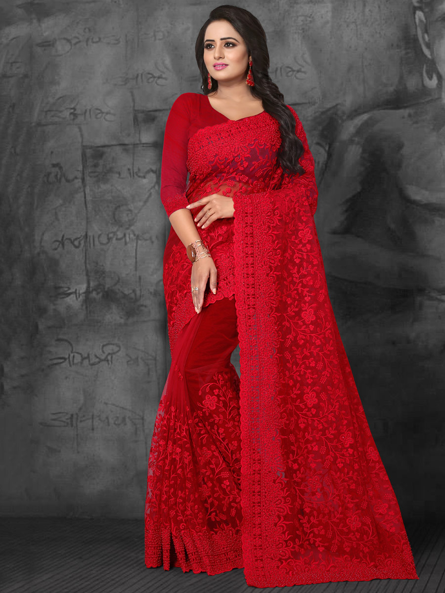Venetian Red Net Embroidered Party Saree