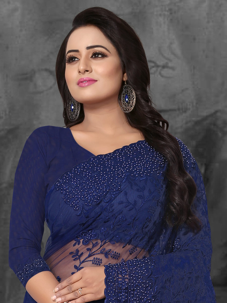 Navy Blue Net Embroidered Party Saree