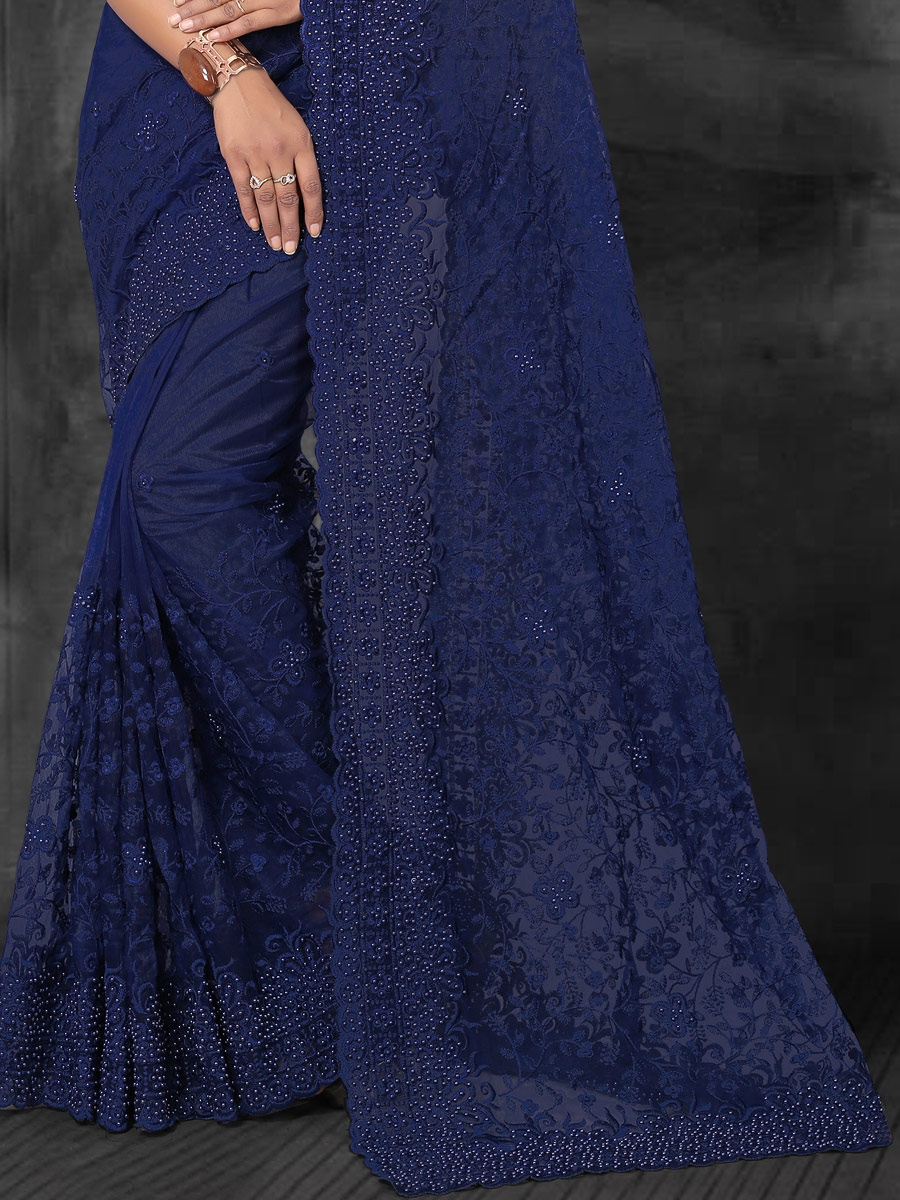Navy Blue Net Embroidered Party Saree