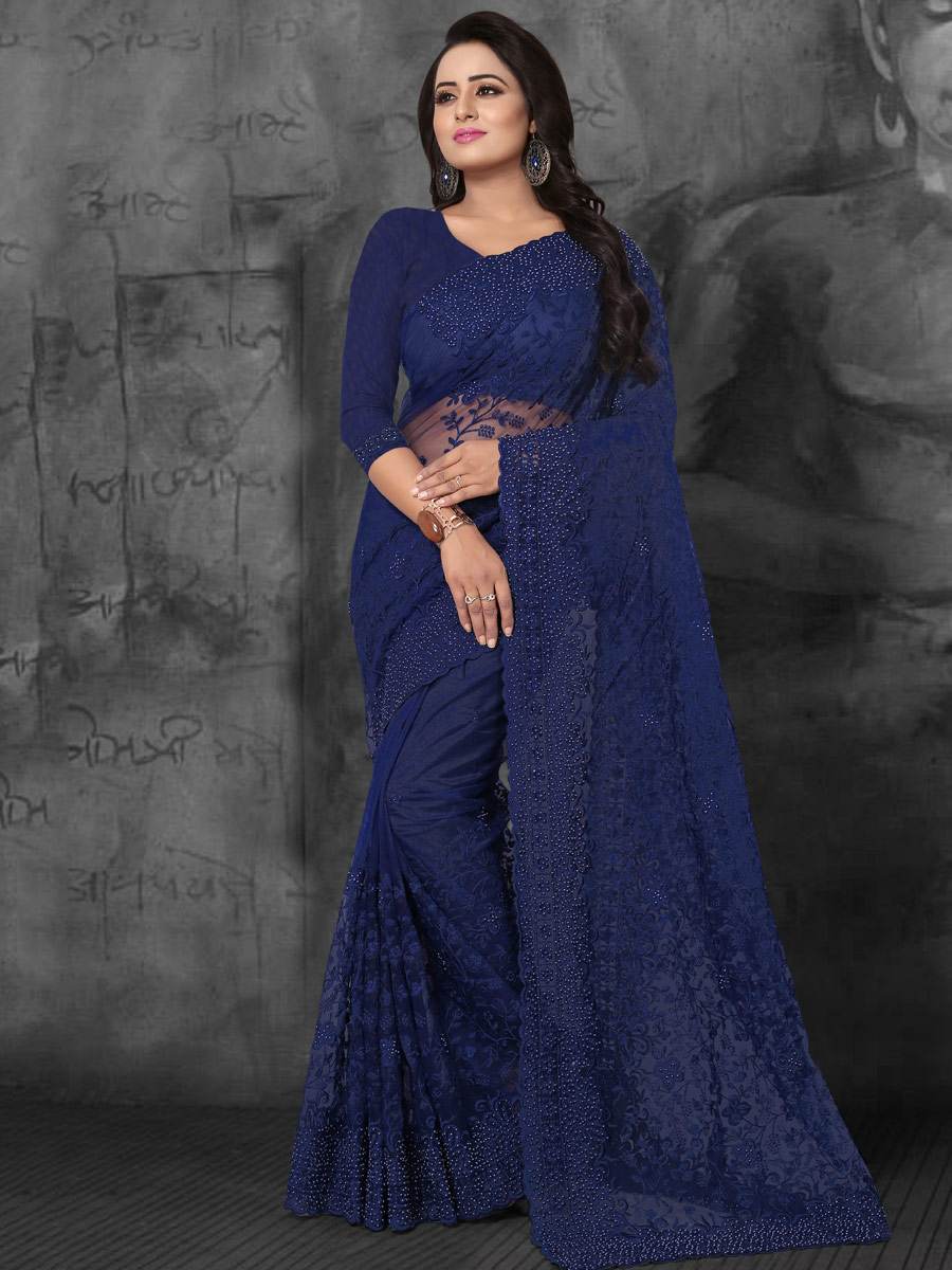 Navy Blue Net Embroidered Party Saree