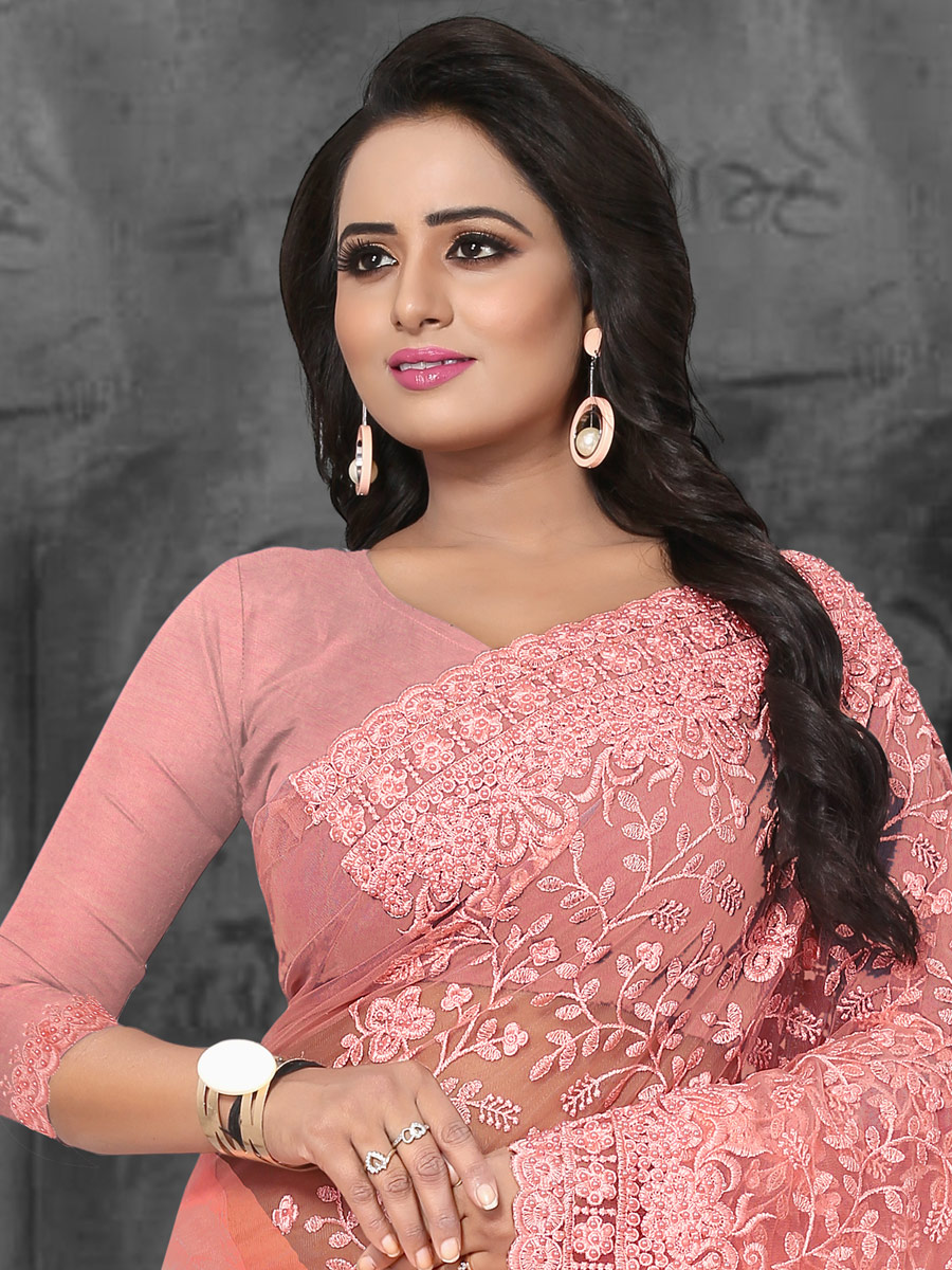 Light Pink Net Embroidered Party Saree