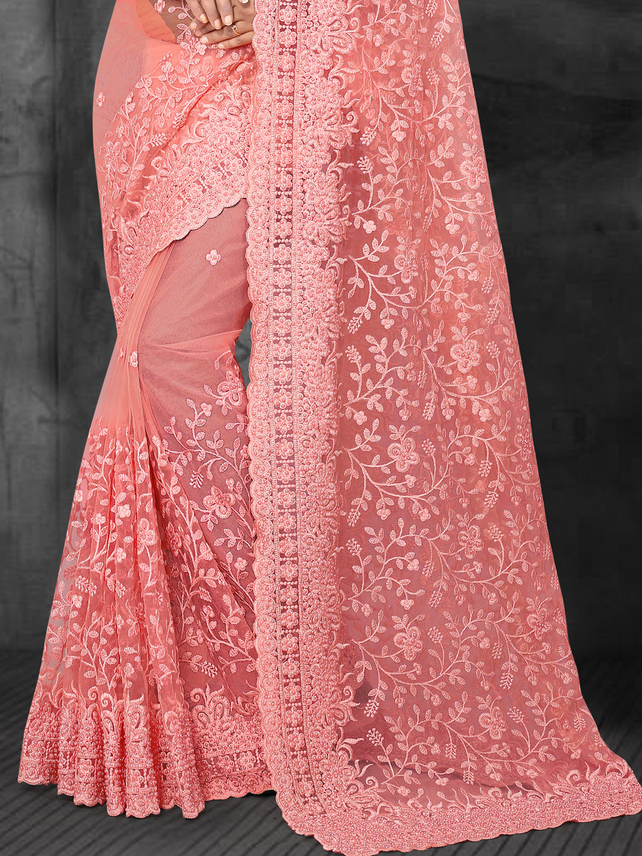 Light Pink Net Embroidered Party Saree