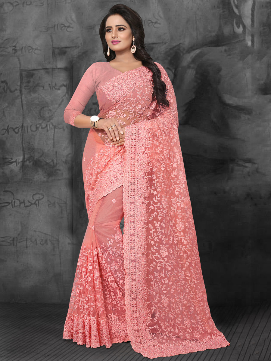 Light Pink Net Embroidered Party Saree