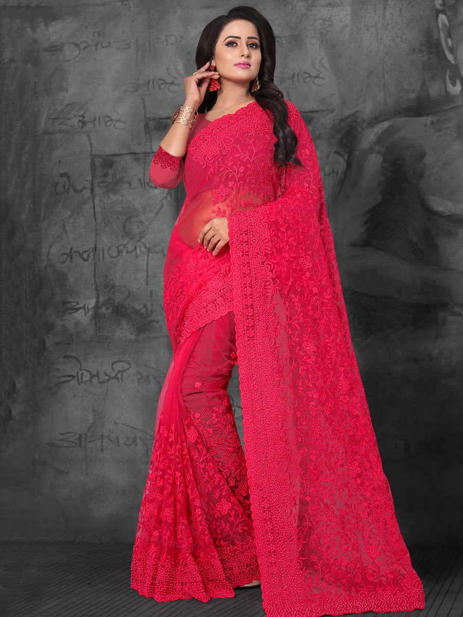 Carmine Pink Net Embroidered Party Saree