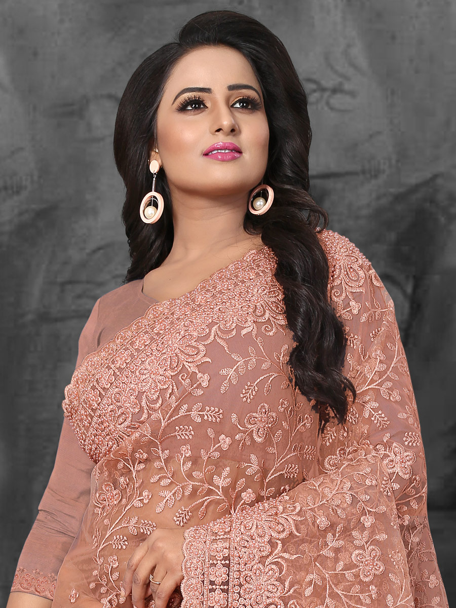 Tea Rose Pink Net Embroidered Party Saree