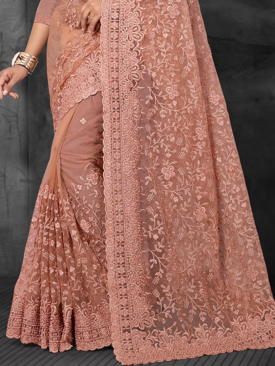 Tea Rose Pink Net Embroidered Party Saree