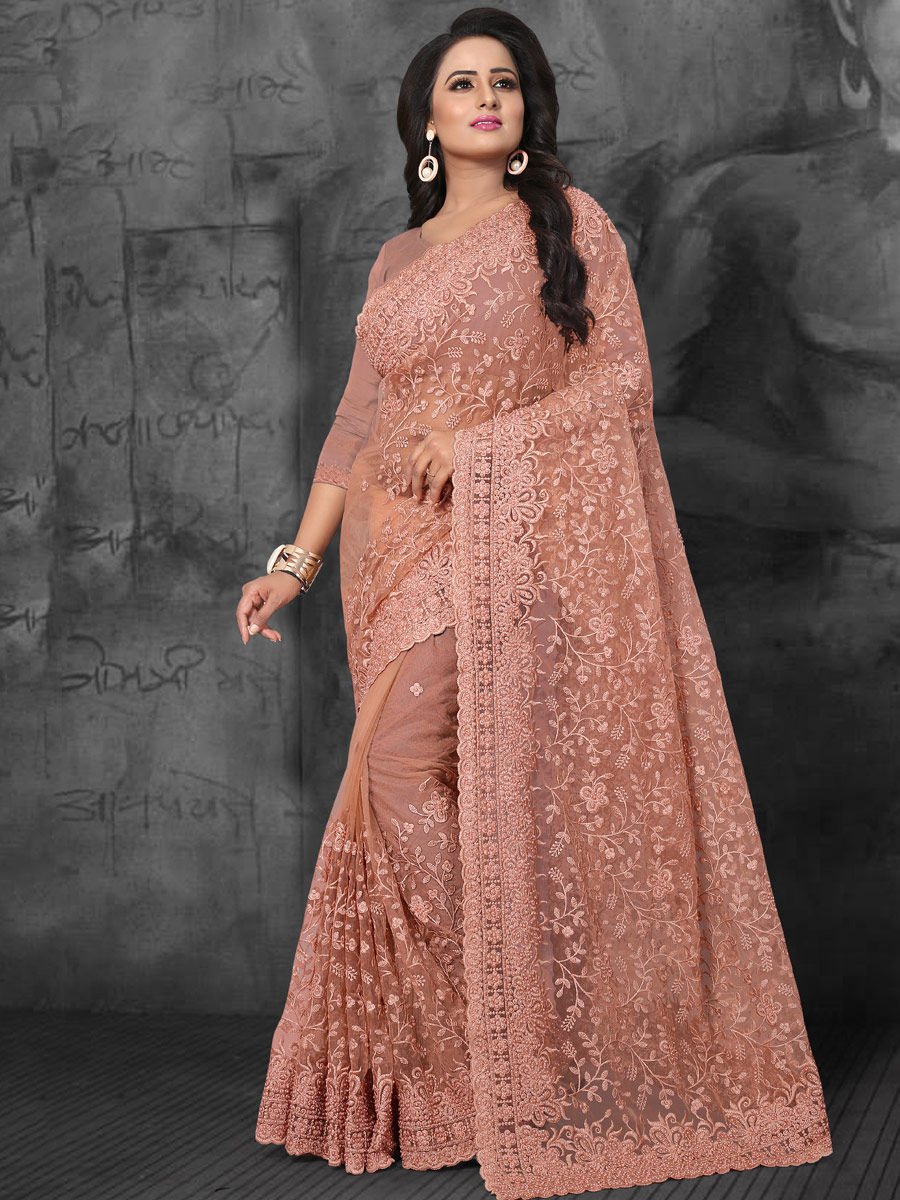 Tea Rose Pink Net Embroidered Party Saree